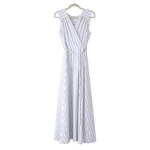 Calvin Klein Maxi Size 12 Blue Striped Sleeveless Faux Wrap Seersucker Dress